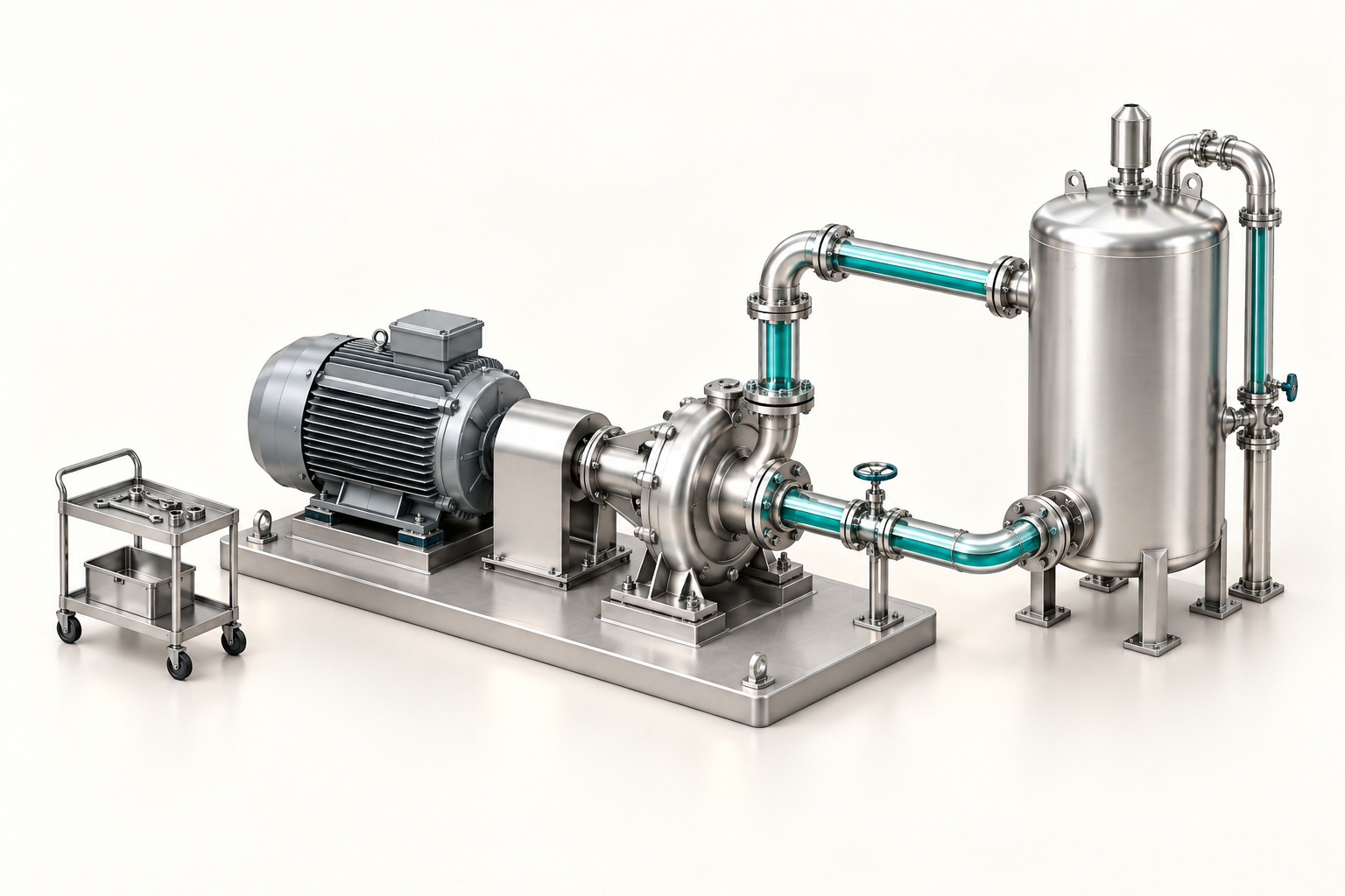 Isometric illustration of a silver motor-driven circulation pump connected to a tank